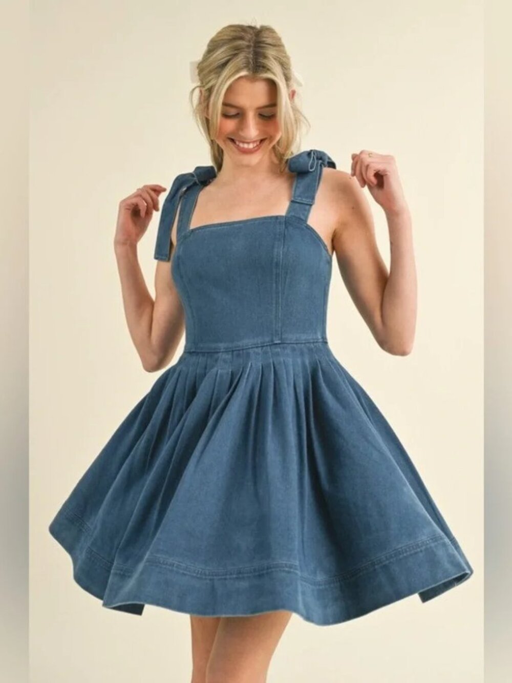 Storia Denim Tie Pleated Dress